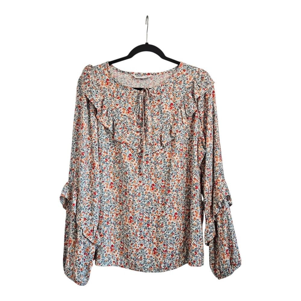 Sonoma Womens L Blouse Floral Long Cream Multicolor Ruffles Boho Elastic Cuffs